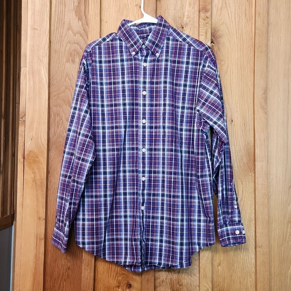 Roundtree & Yorke Long Sleeve Button Down Cotton Shirt, Medium, Red& Black Plaid